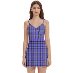 Blue Tartan Plaid 1 Body Wrap Sleeveless V-neck Mini Dress