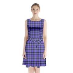 Blue Tartan Plaid 1 Sleeveless Waist Tie Chiffon Dress
