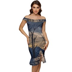 Tree Silhouette At Border Of Nahuel Haupi Lake, Rio Negro, Argentina Off Shoulder Ruffle Split Hem Bodycon Dress