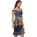 Tree Silhouette At Border Of Nahuel Haupi Lake, Rio Negro, Argentina Off Shoulder Ruffle Split Hem Bodycon Dress View3