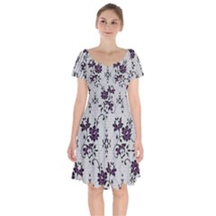 Elegant Purple Floral Jacquard Mesh Lace Fabric Short Sleeve Bardot Dress