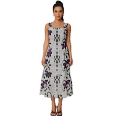 Elegant Purple Floral Jacquard Mesh Lace Fabric Square Neckline Tiered Midi Dress
