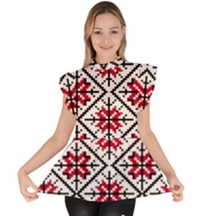 Ukrainian Folk Seamless Pattern Ornament Ethnic Ornament Border Element Traditional Art Ruffle Collar Short Sleeve Chiffon Top