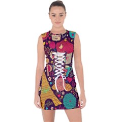 Collage Worx Black Collage Cupcake Eifel Tower Fireworks Paris Lace Up Front Bodycon Dress