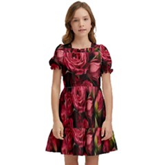 Floral Buds Of Roses Beautiful Flowers Kids  Puff Sleeved Dress