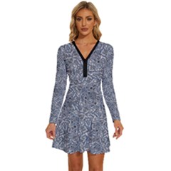 Blue Ornament Complex Mosaic Print Pattern Long Sleeve Deep V Mini Dress 