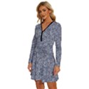 Blue Ornament Complex Mosaic Print Pattern Long Sleeve Deep V Mini Dress  View2