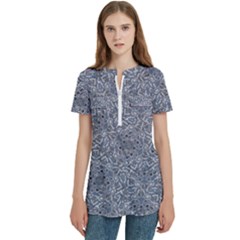 Blue Ornament Complex Mosaic Print Pattern Women s Zip Front V-neck Short Sleeve Casual Top Pocket Shirt