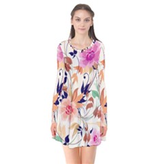 Abstract Floral Background Long Sleeve V-neck Flare Dress
