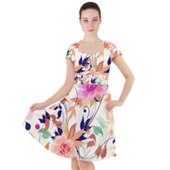Abstract Floral Background Cap Sleeve Midi Dress With Pockets