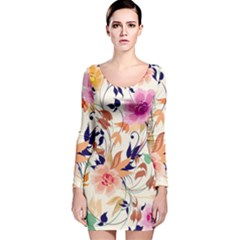 Abstract Floral Background Long Sleeve Velvet Bodycon Dress