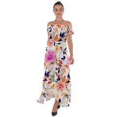 Abstract Floral Background Off Shoulder Open Front Chiffon Dress
