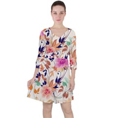 Abstract Floral Background Quarter Sleeve Ruffle Waist Dress