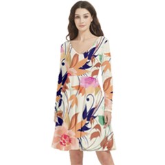 Abstract Floral Background Long Sleeve V-neck Skater Dress With Pockets