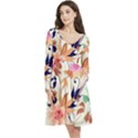 Abstract Floral Background Long Sleeve V-neck skater dress with Pockets View3