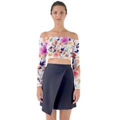 Abstract Floral Background Long Sleeve Off Shoulder Crop Top
