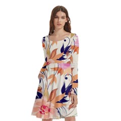Abstract Floral Background Long Sleeve Knee Length Skater Dress With Pockets