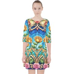Roses Floral Stained Glass Vibrant Quarter Sleeve Pocket Dress