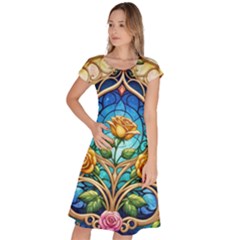 Roses Floral Stained Glass Vibrant Classic Short Sleeve Dress