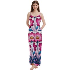 Fantasy Pink Flowers Stained Glass Spaghetti Top Long Pants Satin Pajamas Set