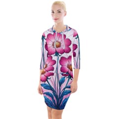 Fantasy Pink Flowers Stained Glass Quarter Sleeve Hood Bodycon Dress