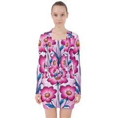 Fantasy Pink Flowers Stained Glass V-neck Bodycon Long Sleeve Dress