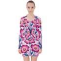 Fantasy Pink Flowers Stained Glass V-neck Bodycon Long Sleeve Dress View1