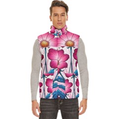 Fantasy Pink Flowers Stained Glass Men s High Neck Button Up Puffer Vest