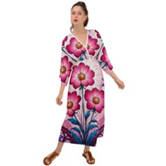 Fantasy Pink Flowers Stained Glass Grecian Style  Maxi Dress