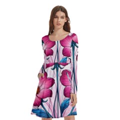 Fantasy Pink Flowers Stained Glass Long Sleeve Knee Length Skater Dress With Pockets