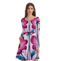 Fantasy Pink Flowers Stained Glass Long Sleeve Knee Length Skater Dress With Pockets View1