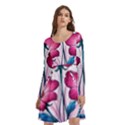 Fantasy Pink Flowers Stained Glass Long Sleeve Knee Length Skater Dress With Pockets View3