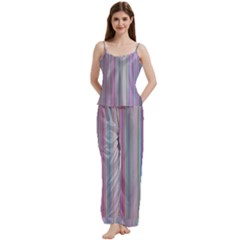 Broken Tv Screen Pastel Stripe Spaghetti Top Long Pants Satin Pajamas Set