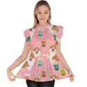 Corgi Bubble Boba Tea Pink Pattern Ruffle Collar Short Sleeve Chiffon Top View1
