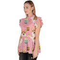 Corgi Bubble Boba Tea Pink Pattern Ruffle Collar Short Sleeve Chiffon Top View2
