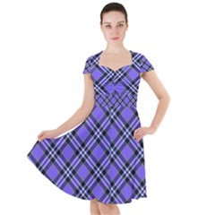 Blue Tartan Plaid 1 Diagonal Cap Sleeve Midi Dress With Pockets