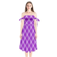 Purple Plaid Tartan 3 Diagonal (2) Shoulder Tie Bardot Midi Dress