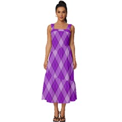 Purple Plaid Tartan 3 Diagonal (2) Square Neckline Tiered Midi Dress