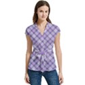 Purple Plaid Tartan 2 Diagonal Women s Cap Sleeve Mandarin Collar Waist Tie Blouse View1