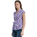 Purple Plaid Tartan 2 Diagonal Women s Cap Sleeve Mandarin Collar Waist Tie Blouse View2