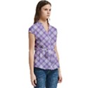 Purple Plaid Tartan 2 Diagonal Women s Cap Sleeve Mandarin Collar Waist Tie Blouse View3
