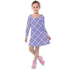 Purple Plaid Tartan 2 Diagonal Kids  Long Sleeve Velvet Dress