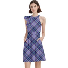 Purple Plaid Tartan 1 Diagonal Cocktail Party Halter Sleeveless Dress With Pockets