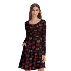 Pattern Ha Ha Ha  Abstract Black Dark Doodle Hahaha Pattern Physco Long Sleeve Knee Length Skater Dress With Pockets