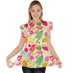 Leaves Pattern Seamless Texture Ruffle Collar Short Sleeve Chiffon Top