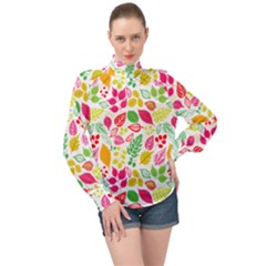 Leaves Pattern Seamless Texture High Neck Long Sleeve Chiffon Top