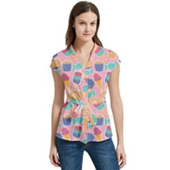 Ice Cream Donut Sweets Candie Women s Cap Sleeve Mandarin Collar Waist Tie Blouse