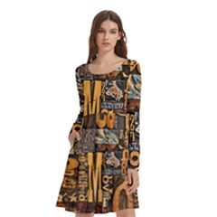 3d Letters Macro Wooden Letters Letters Textures Long Sleeve Knee Length Skater Dress With Pockets