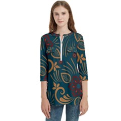 Flowers Floral Retro Flower Texture Women s Zip Front V-neck 3/4 Sleeve Casual Top Pocket Shirt