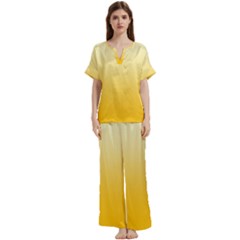 Cream Yellow To Amber Orange Linear Gradient Short Sleeve Long Pants Satin Pajamas Set